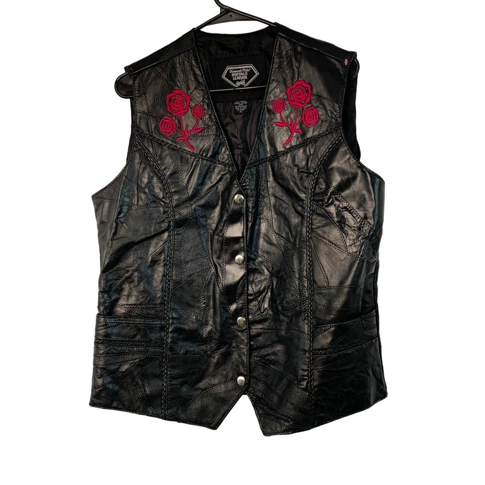 Moto Vtg Diamond Plate Buffalo Leather Vest Red R… - image 1
